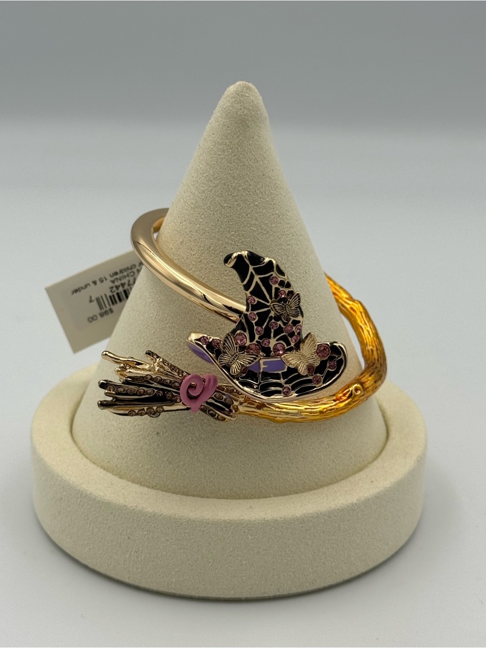 NWT Betsey Johnson Halloween Witch Hat Broom Bracelet Gold Pink Crystal